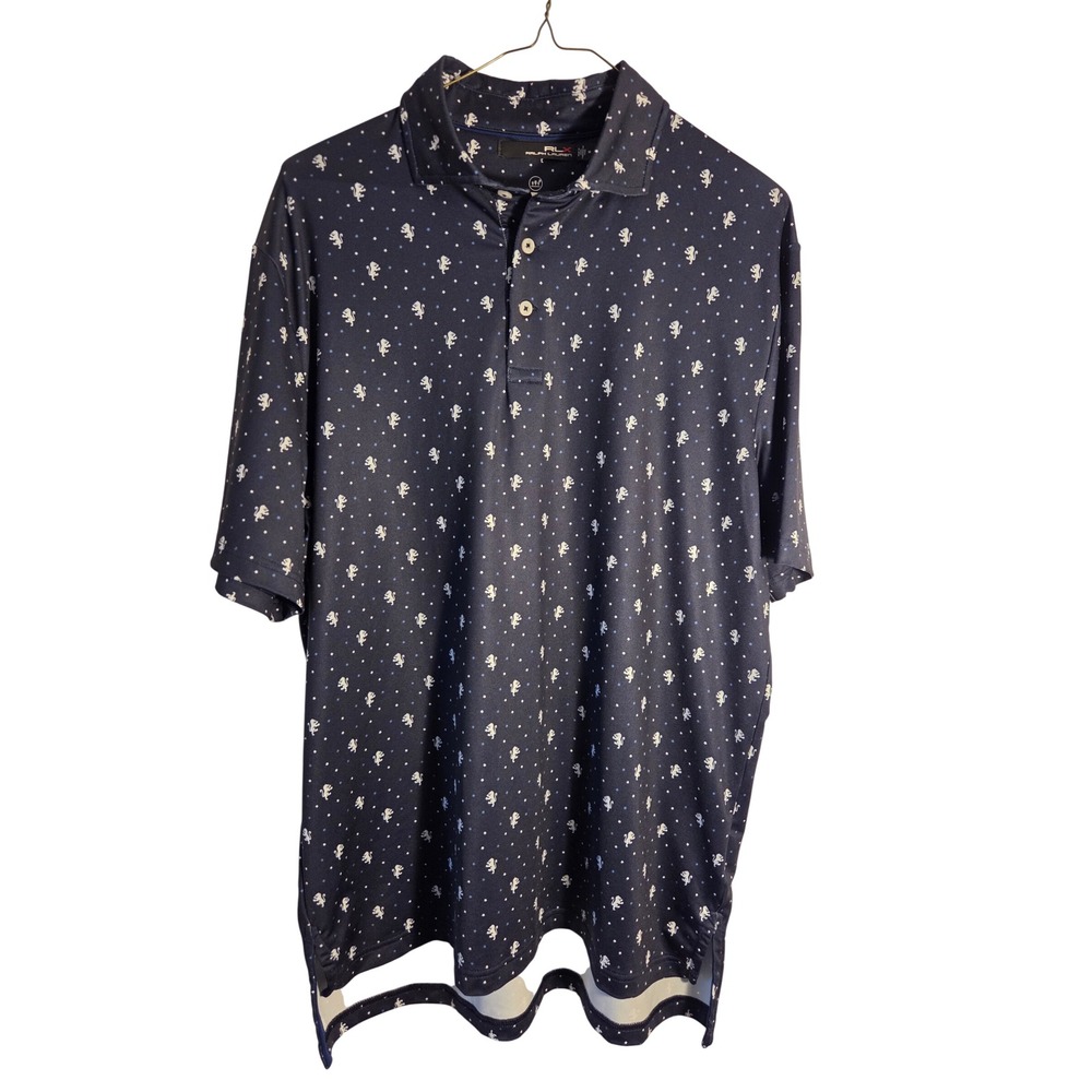 RLX Ralph Lauren Polo Shirt Mens Medium Navy Blue Excellent Lion Star Print Golf